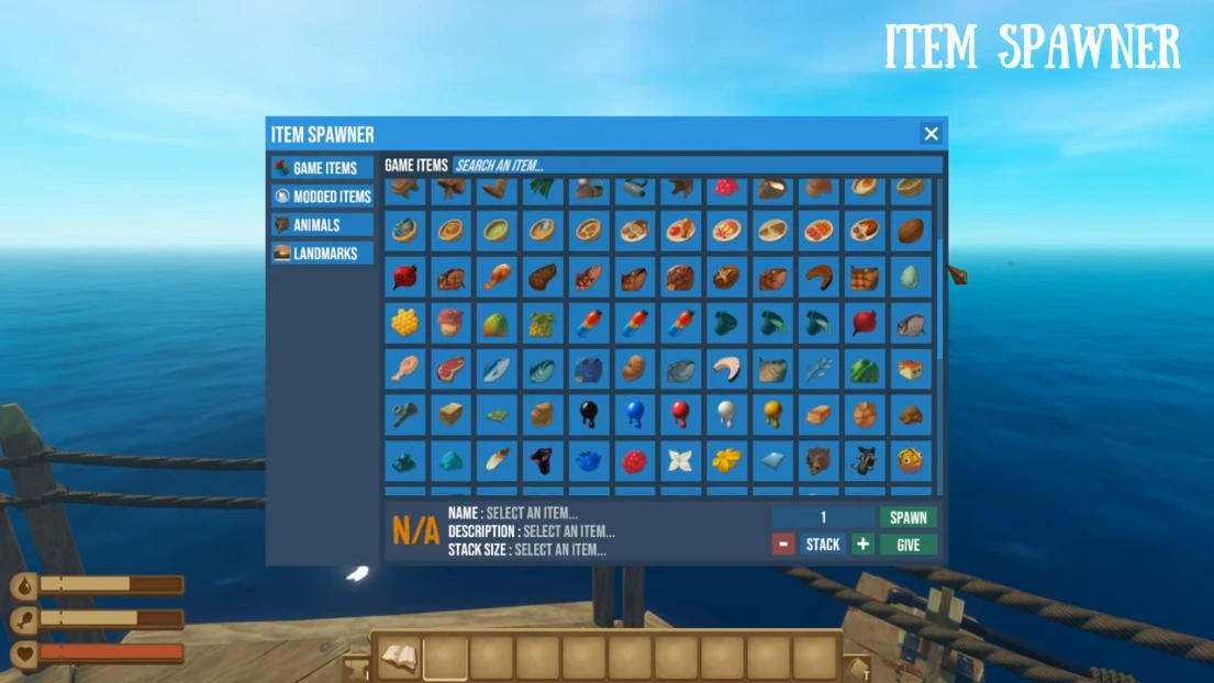 Raft item spawner with game items grid